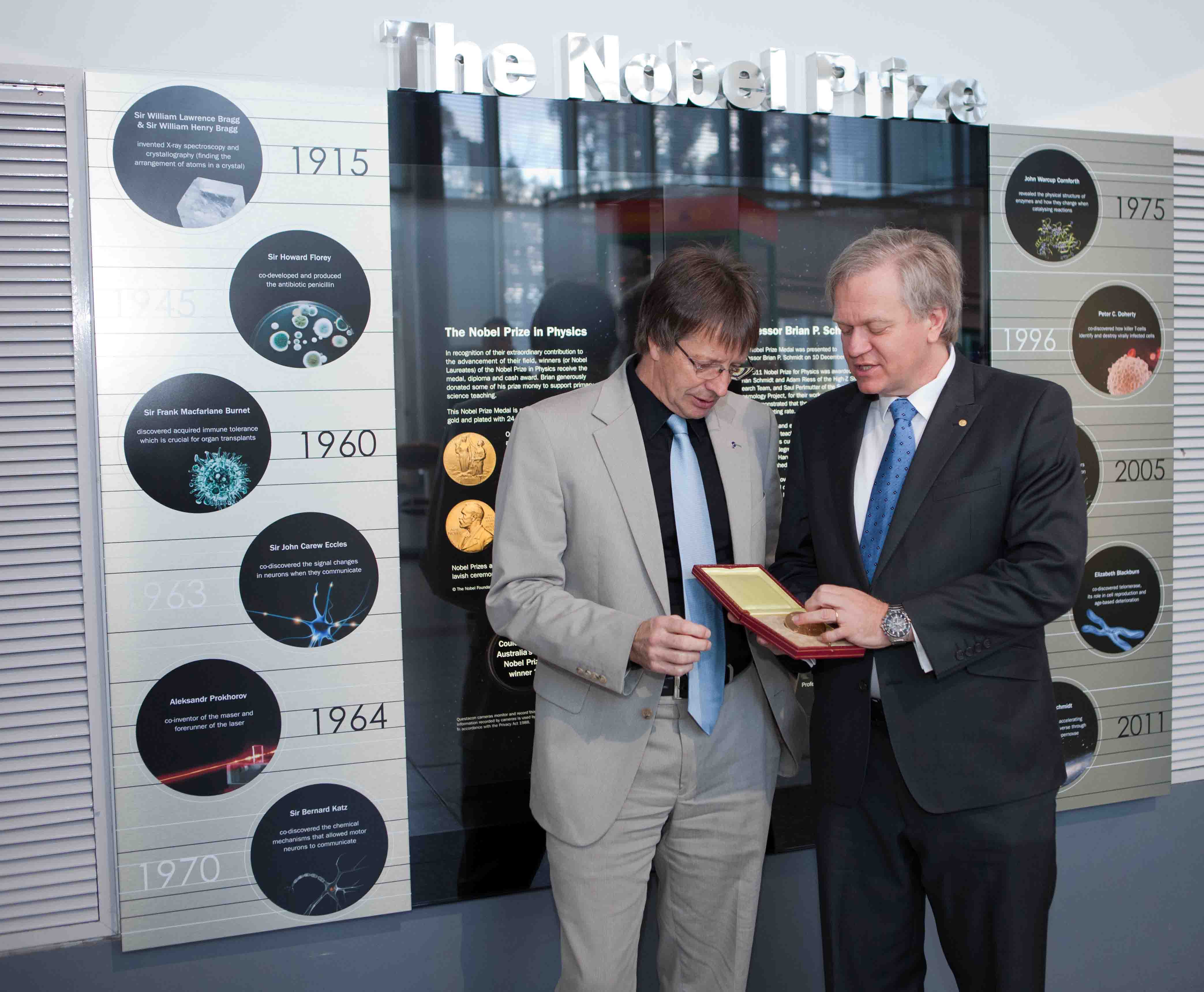 Professor Brian Schmidt and Professor Graham Durant holding the Nobel medal