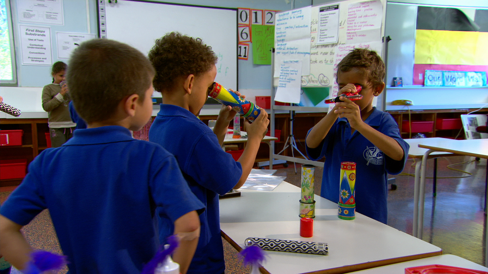 Young students looking through different kaleidoscopes