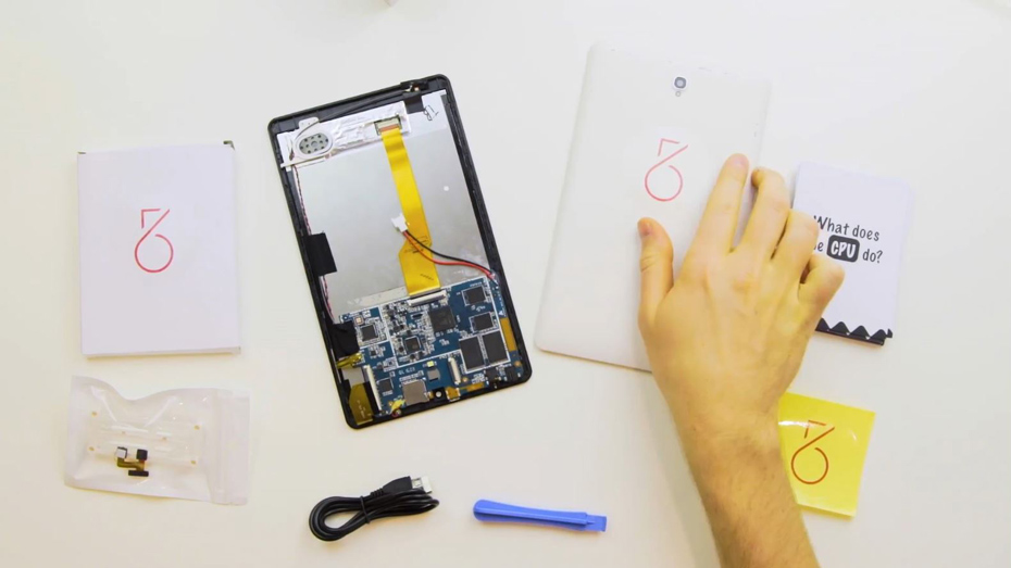 Disassembled Fiftysix Creations tablet showing the various components