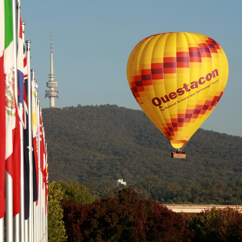 Questacon hot air balloon floats over Canberra