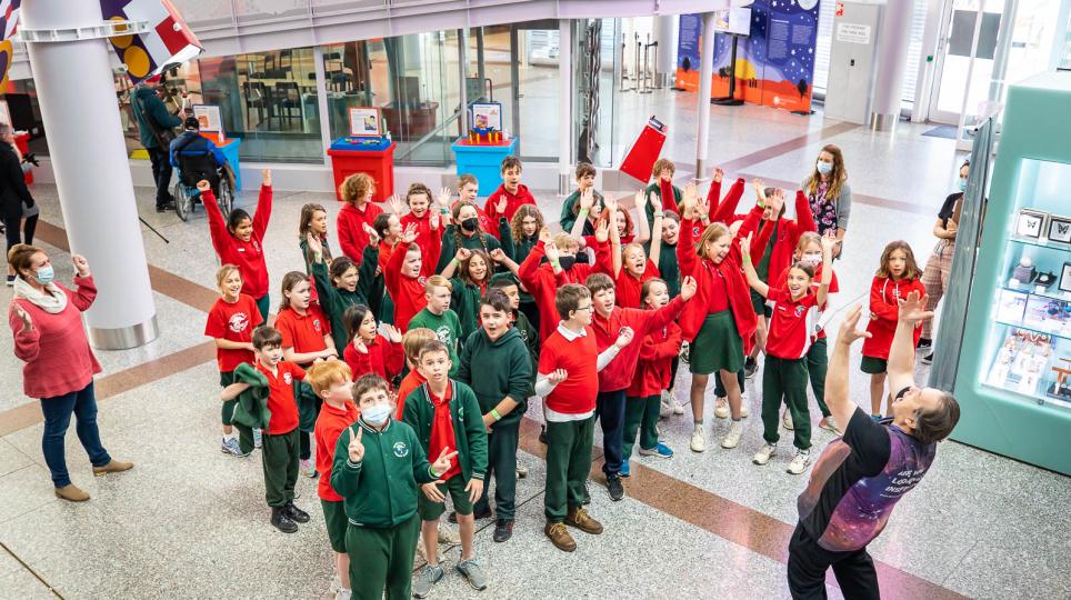 School group in the foyer of Questacon