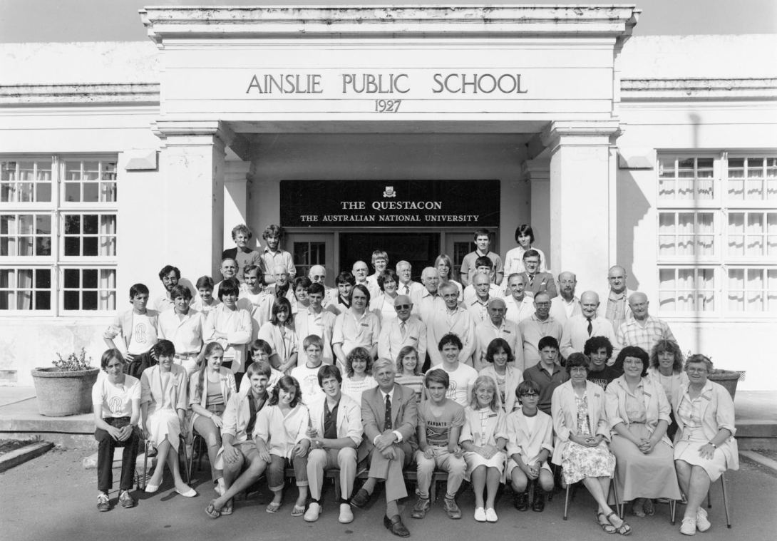 Original Questacon team sitting on the steps of Ainsle primary school